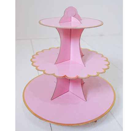 Soporte para cupcakes tres pisos rosa pastel con borde dorado - 1301-5