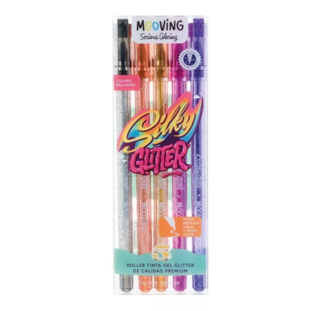 Mooving bolígrafo roller silky con glitter (estuche de 5 unidades)