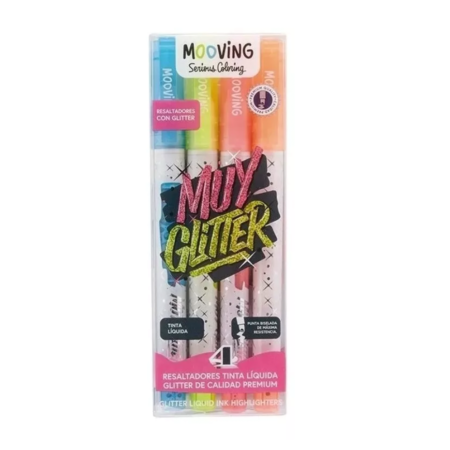 Mooving marcador resaltador con glitter (estuche de 4 unidades)
