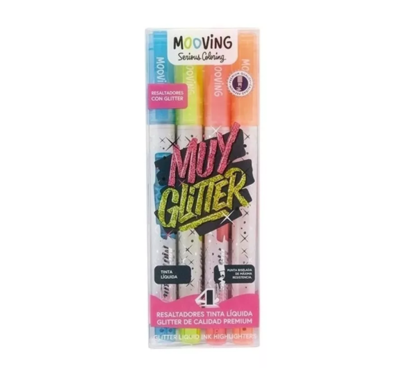 Mooving marcador resaltador con glitter (estuche de 4 unidades)