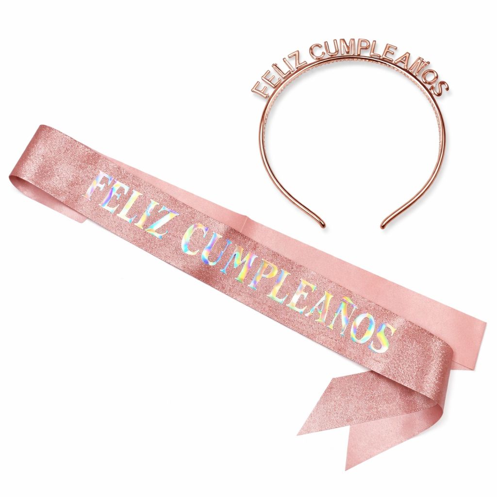 Set Banda + Vincha Feliz Cumpleaños - Rose Gold Holográfico
